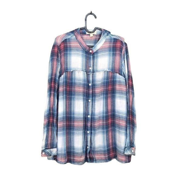 Anthropologie Cloth & Stone Top Plaid Flannel Raw Hem Button Down Small - Picture 1 of 6